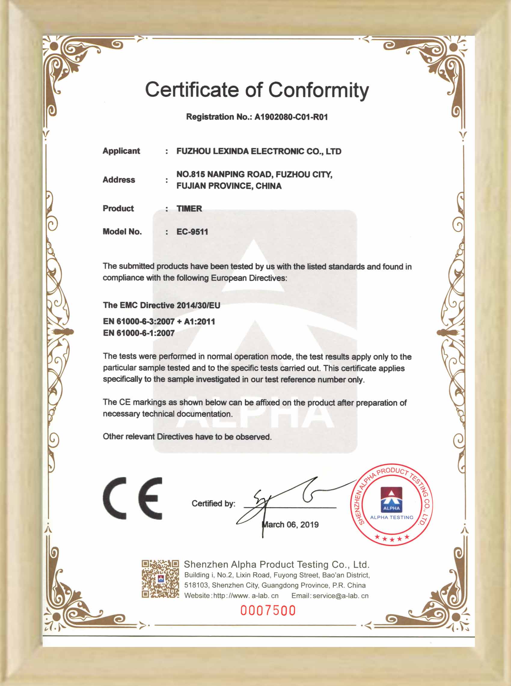 CE certificate for timer