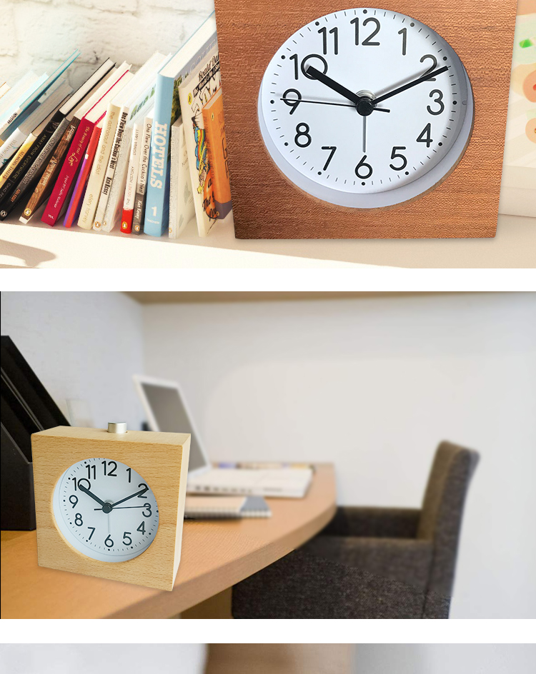 Japanese style solid wood night light silent quartz desk alarm clock