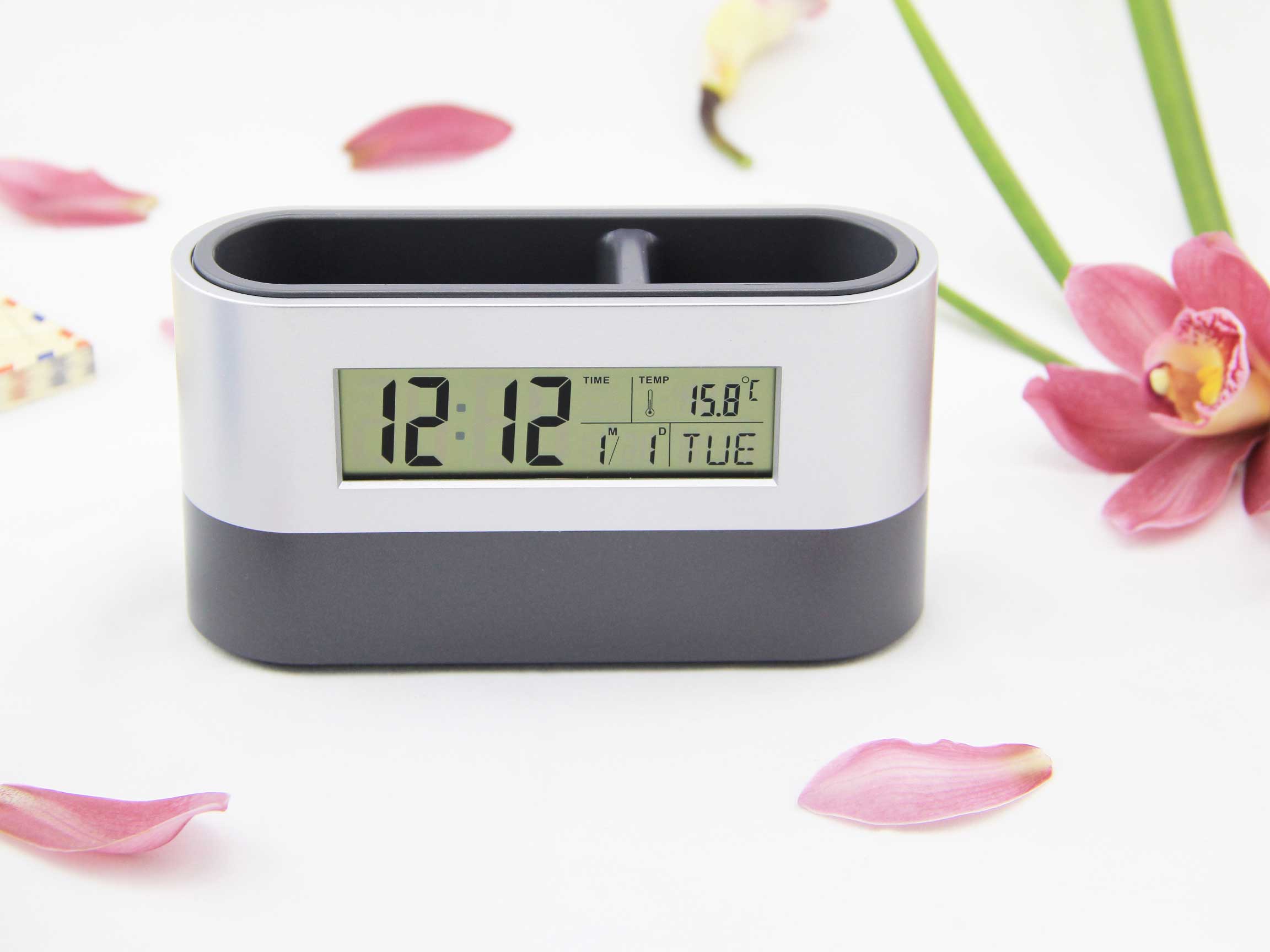 digital table clock with pen holder