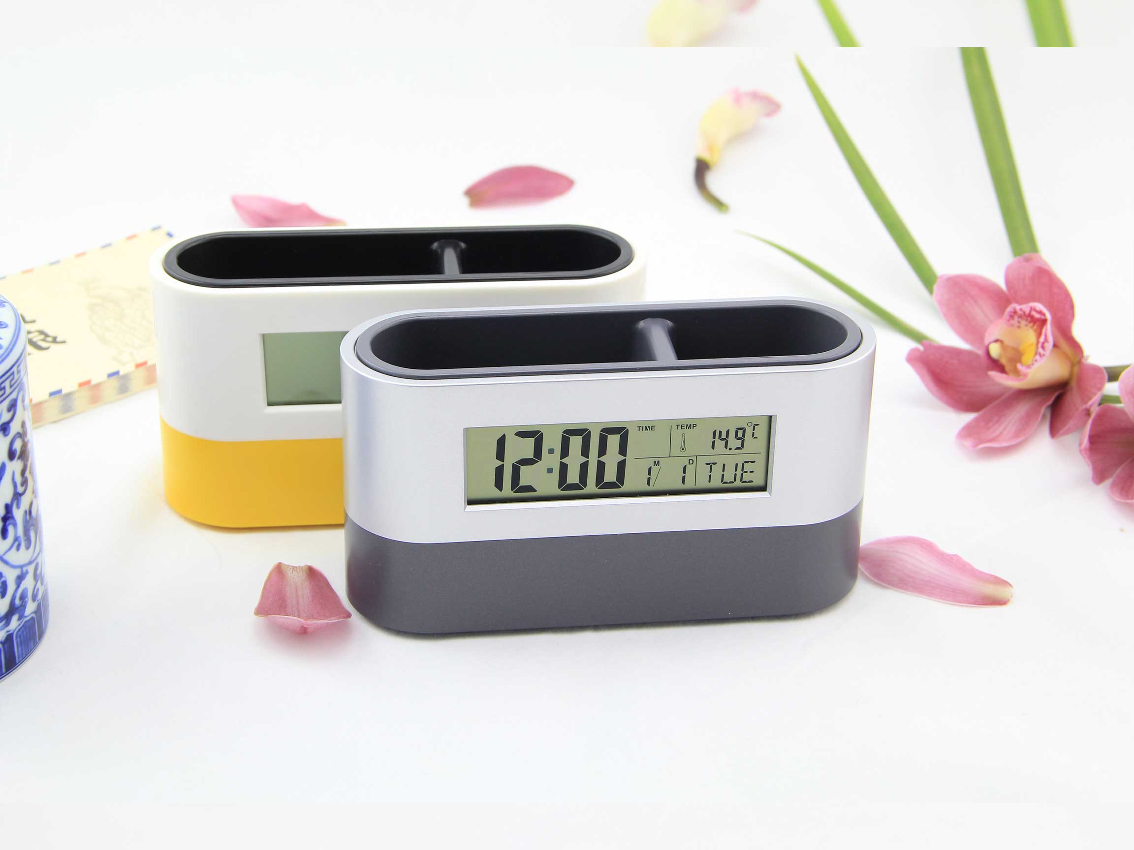 digital table clock with pen holder