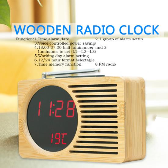  FM radio wooden LED table clock temperature display