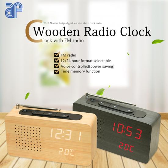 wooden table clock with portable FM radio temperature display