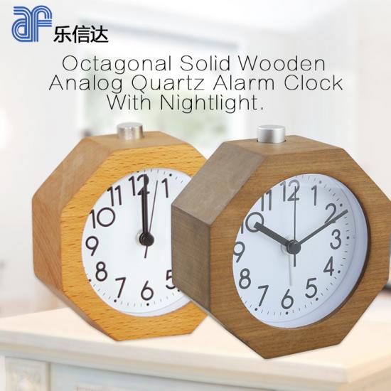 Octagonal wood frame silent quartz sweep movement desk clock