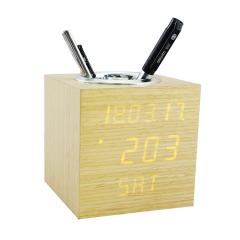 Backnight Wooden alarm clock Pen Holder with carlendar week display