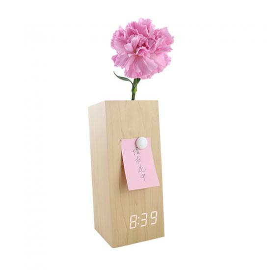 Home decoration wooden flower pot alarm clock with magnet sticky