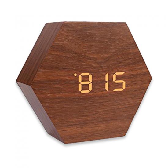 Hexagon sound sensor digital wood alarm clock simple operation