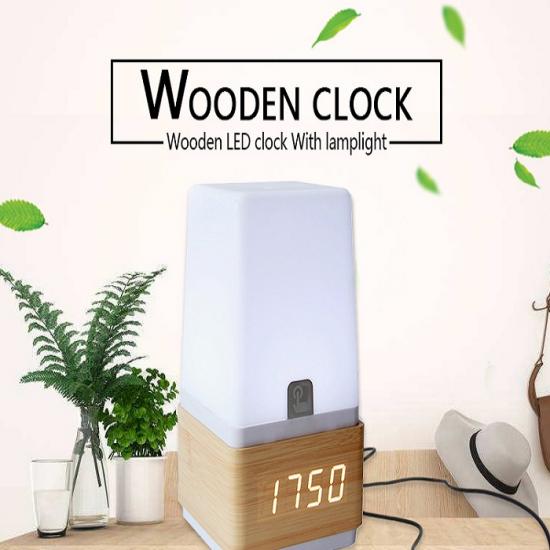 Digital touch sensative wooden alarm clock and soft light lamp
