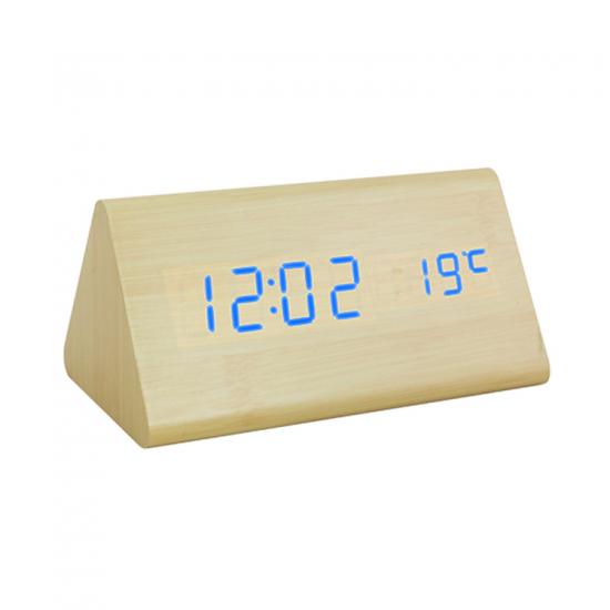 Triangle digital wood desktop clock with temperature display