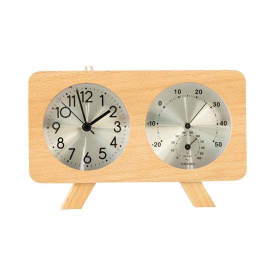 Real wood silent quartz snooze alarm clock with temperature and humidity
