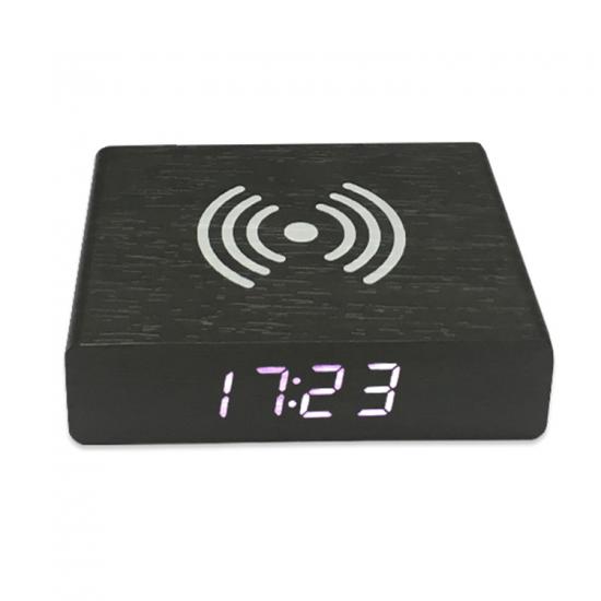 Mini compact qi wireless charging digital wooden alarm clock