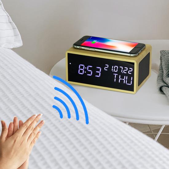 Wooden LED Alarm Clock With Wireless Charger & Speaker