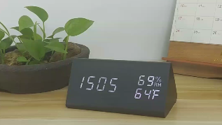 Triangle wooden LED alarm clock with calendar and temperature week display EC-W028