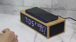 Wireless Charging LED Digital Mirror Bamboo Clock With Bluetooth Speakers