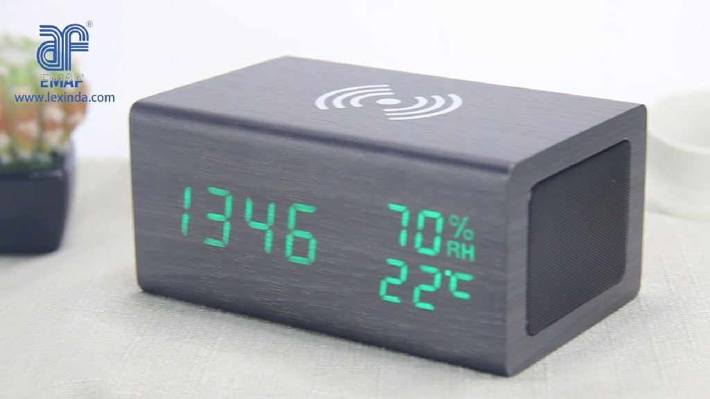 Mobile phone Qi wireless charger wooden digital LED alarm clock with bluetooth speaker (EC-W031)